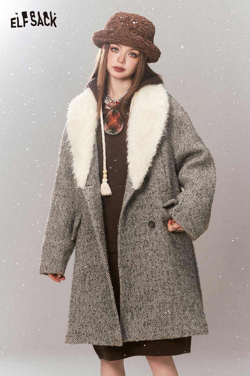 2000s Korean Fashion Wool Coats Women Detachable Fur Collar Mid-length Outwears