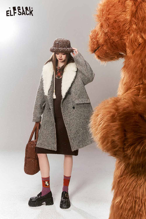 2000s Korean Fashion Wool Coats Women Detachable Fur Collar Mid-length Outwears