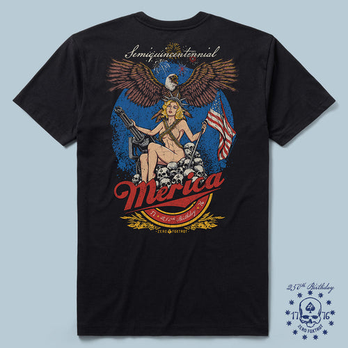 Black 250th Birthday Party Tee featuring a graphic of a woman holding an American flag and a gun, sitting on skulls, with a large eagle above and "Semiquincentennial" text at the top.