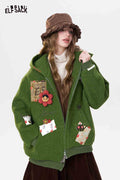 ELFSACK 3D Embellishment Square Embroidery Solid Hooded Coat