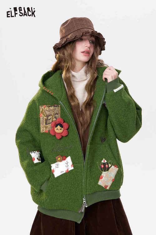 ELFSACK 3D Embellishment Square Embroidery Solid Hooded Coat