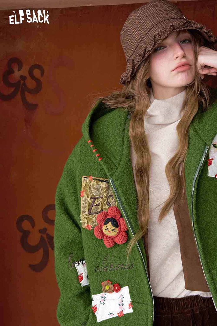 ELFSACK 3D Embellishment Square Embroidery Solid Hooded Coat