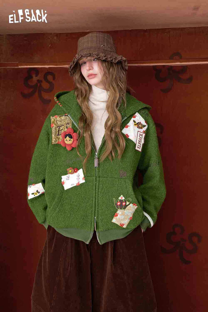 ELFSACK 3D Embellishment Square Embroidery Solid Hooded Coat