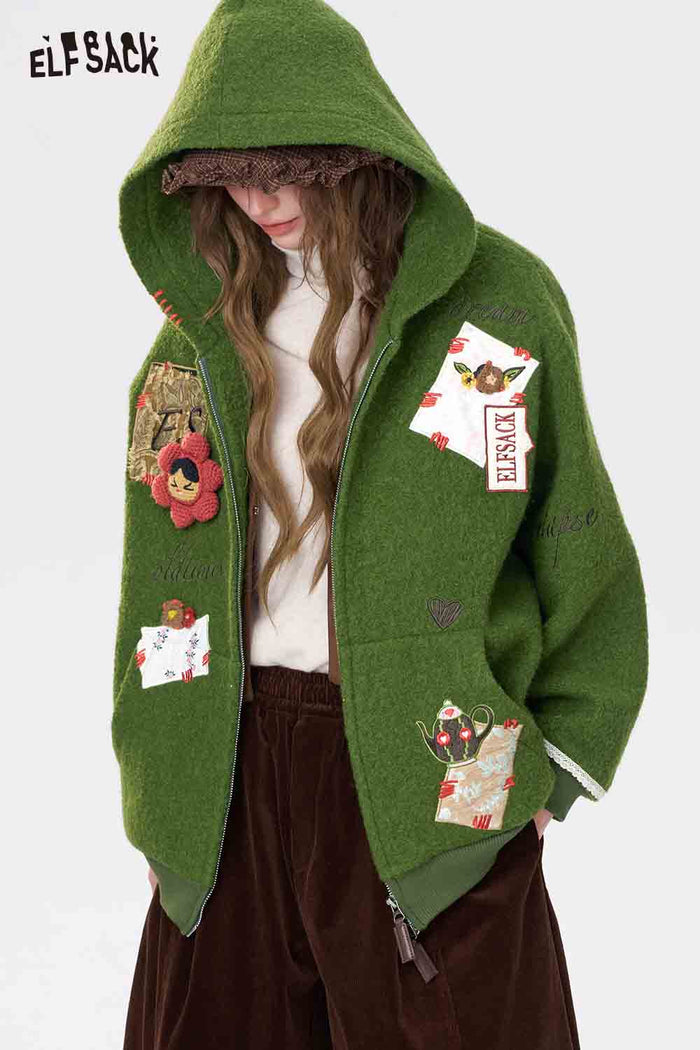 ELFSACK 3D Embellishment Square Embroidery Solid Hooded Coat