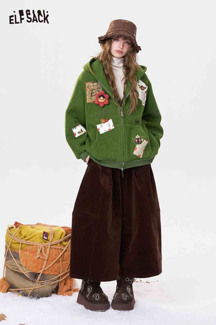 ELFSACK 3D Embellishment Square Embroidery Solid Hooded Coat