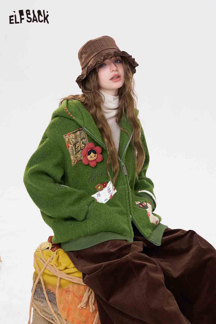 ELFSACK 3D Embellishment Square Embroidery Solid Hooded Coat