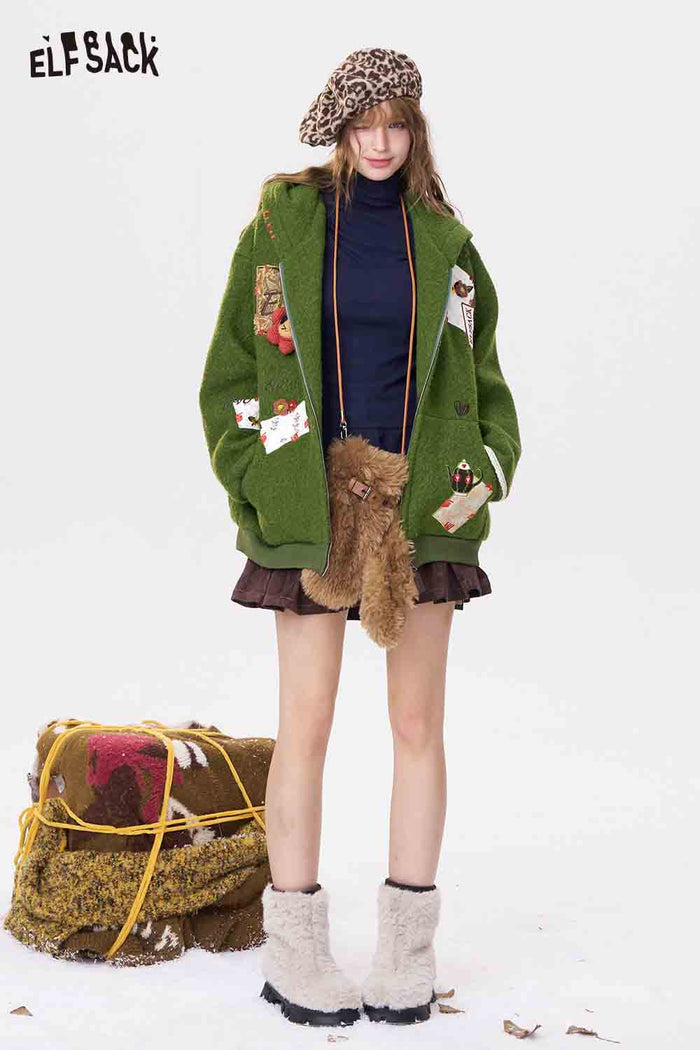 ELFSACK 3D Embellishment Square Embroidery Solid Hooded Coat