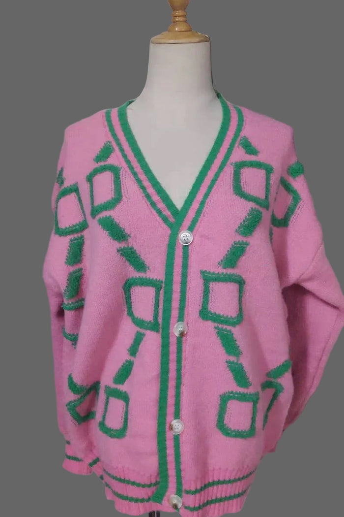 3D PATTERN LONG-SLEEVED KNITTED CARDIGAN: PINK/GREEN