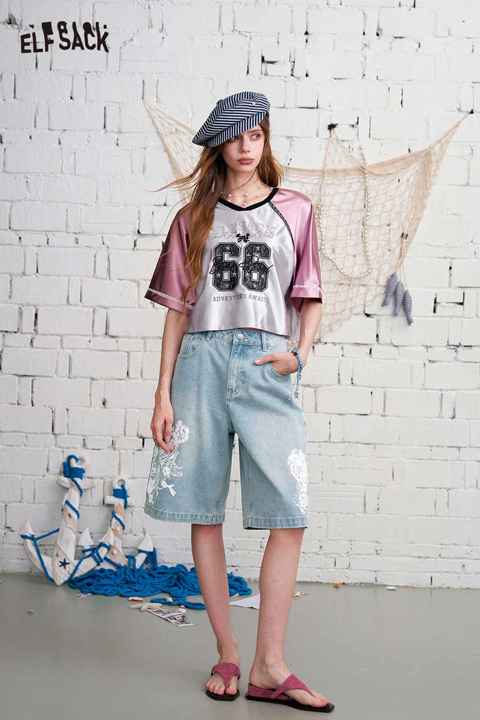 ELFSACK 66 Print V-Neck Raglan Cropped Baseball Tee