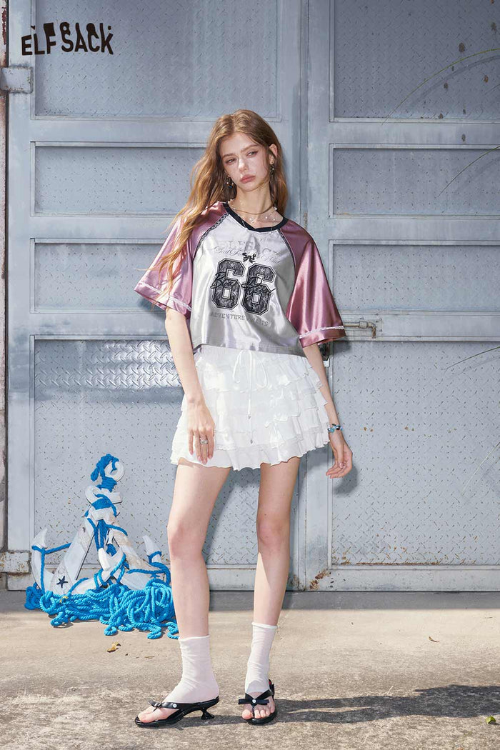 ELFSACK 66 Print V-Neck Raglan Cropped Baseball Tee