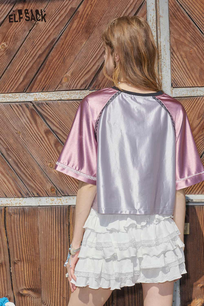 ELFSACK 66 Print V-Neck Raglan Cropped Baseball Tee