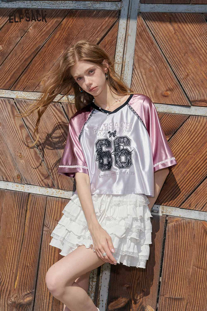 ELFSACK 66 Print V-Neck Raglan Cropped Baseball Tee