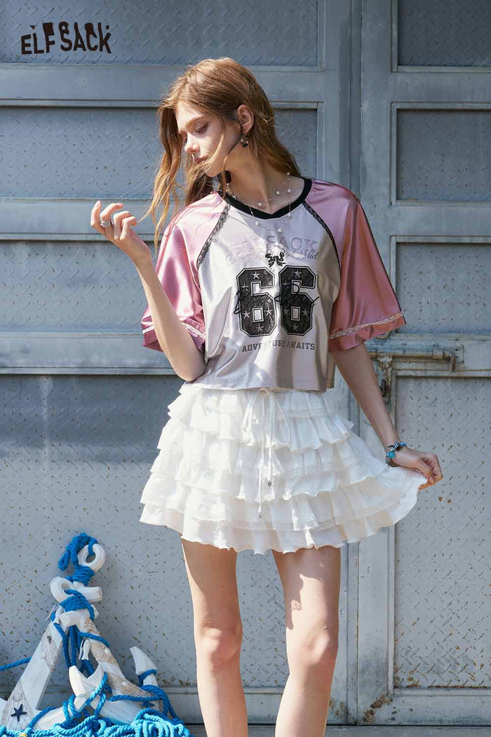 ELFSACK 66 Print V-Neck Raglan Cropped Baseball Tee