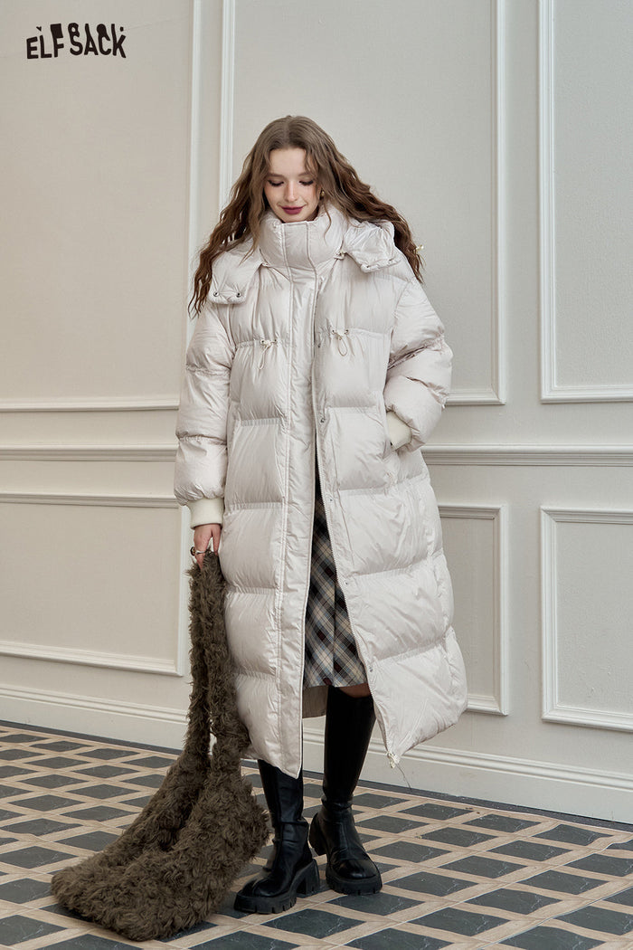 ELFSACK 90% White Duck Down Long Hooded Puffer Coat Loose Fit