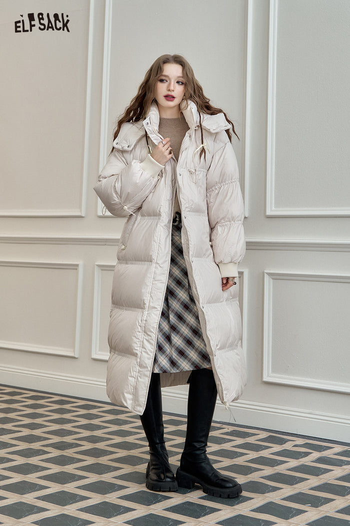 ELFSACK 90% White Duck Down Long Hooded Puffer Coat Loose Fit