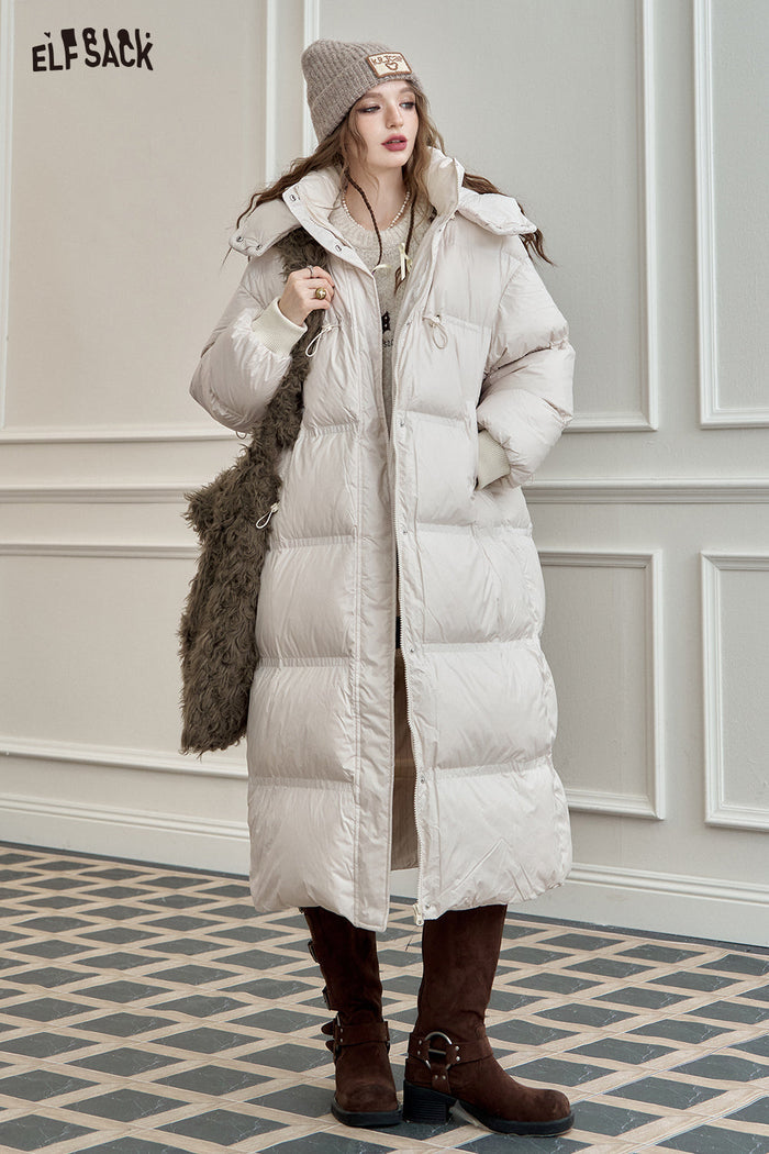 ELFSACK 90% White Duck Down Long Hooded Puffer Coat Loose Fit