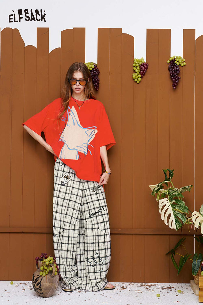 ELFSACK Abstract Cat Print Oversized Half Sleeve T-Shirt