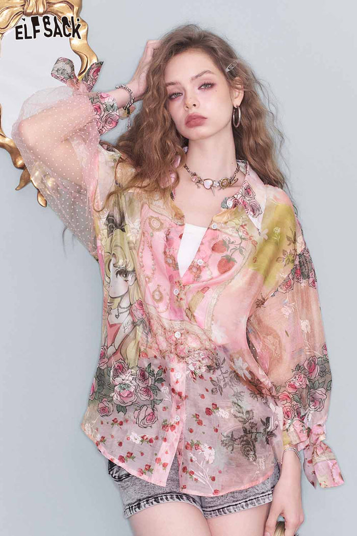 ELFSACK All-Over Print Chiffon Lantern Sleeve Bow Tie Blouse