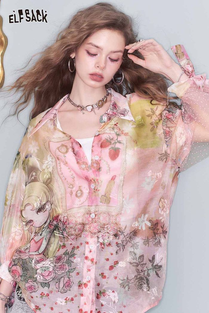 ELFSACK All-Over Print Chiffon Lantern Sleeve Bow Tie Blouse
