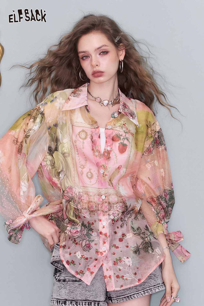 ELFSACK All-Over Print Chiffon Lantern Sleeve Bow Tie Blouse