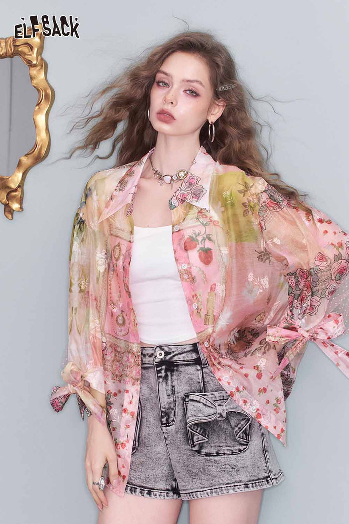ELFSACK All-Over Print Chiffon Lantern Sleeve Bow Tie Blouse