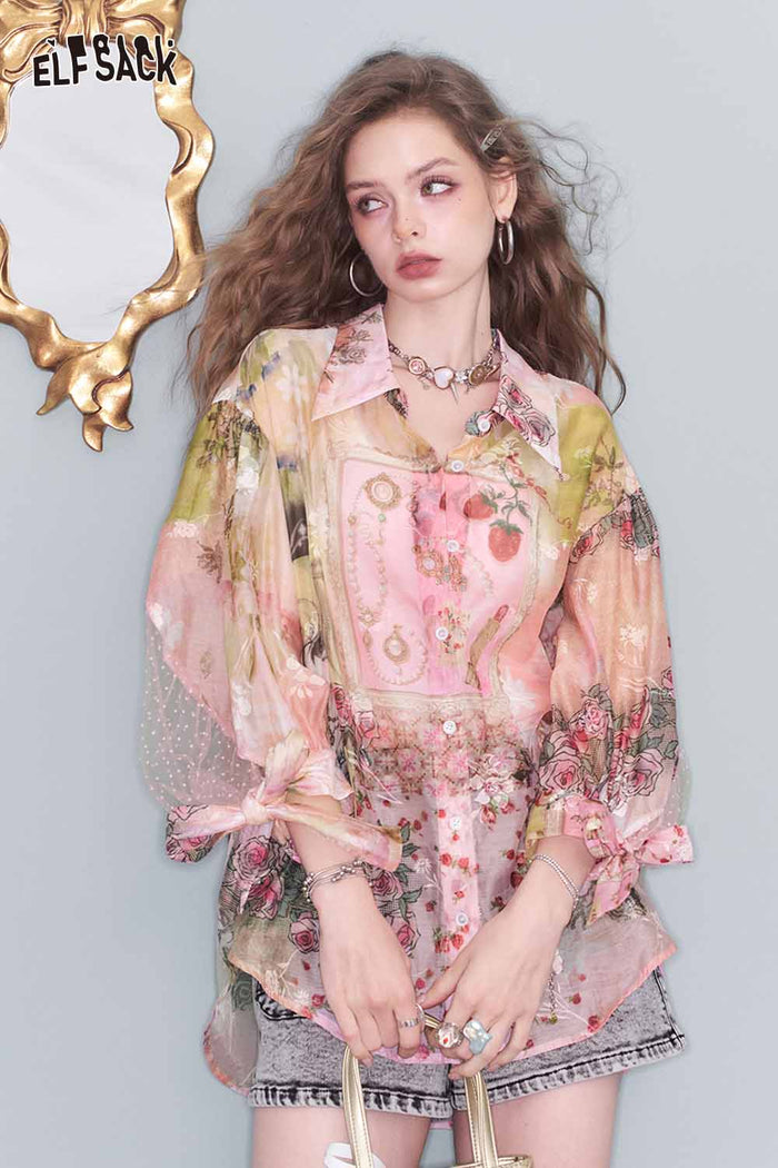ELFSACK All-Over Print Chiffon Lantern Sleeve Bow Tie Blouse