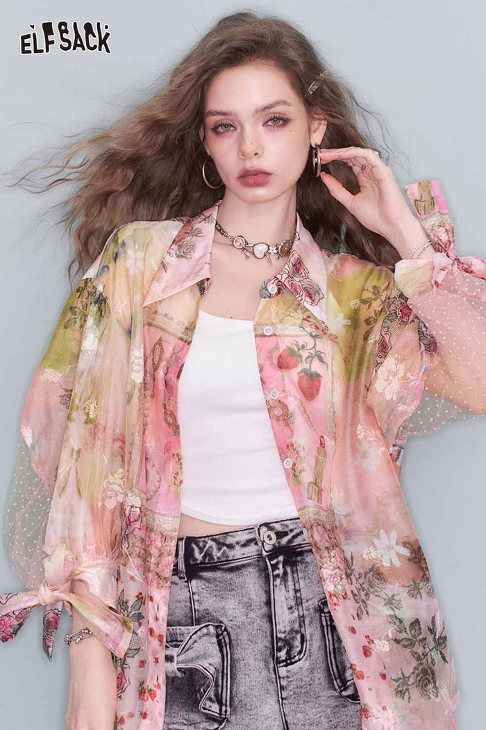 ELFSACK All-Over Print Chiffon Lantern Sleeve Bow Tie Blouse