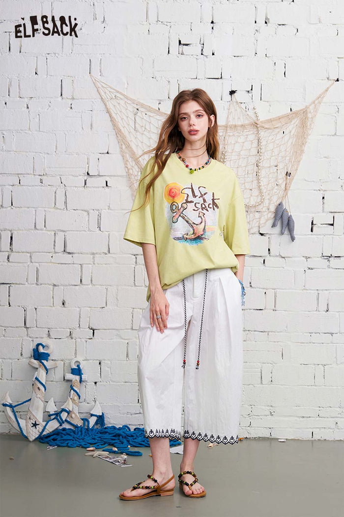 ELFSACK Anchor Print Washed Effect Oversized T-Shirt
