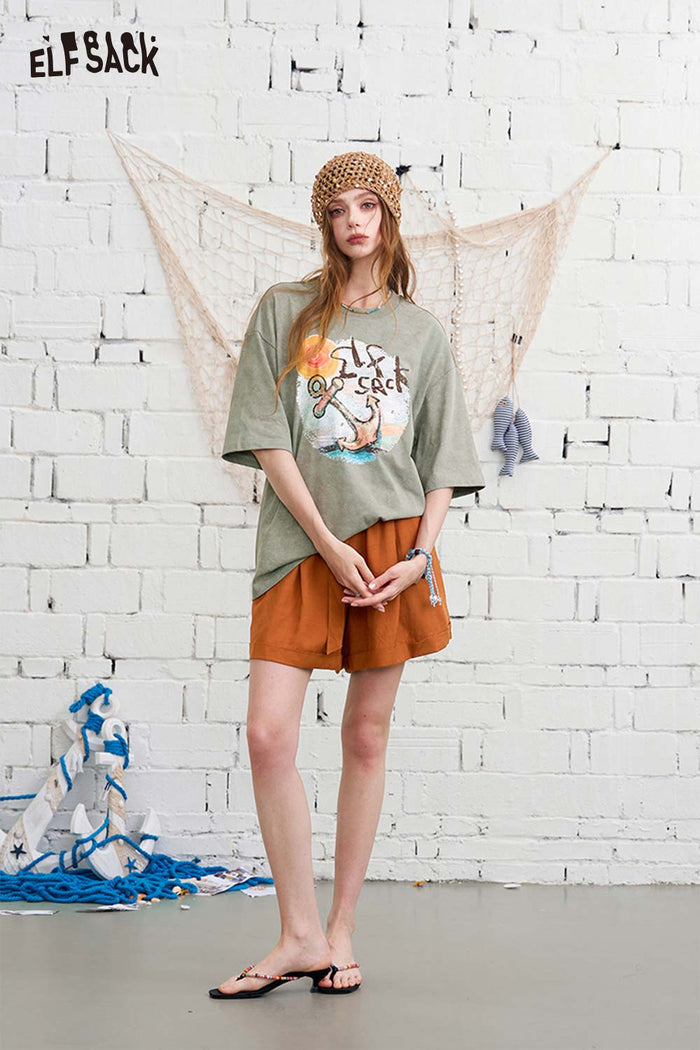ELFSACK Anchor Print Washed Effect Oversized T-Shirt