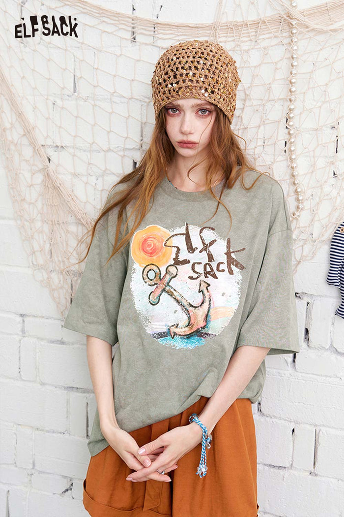 ELFSACK Anchor Print Washed Effect Oversized T-Shirt