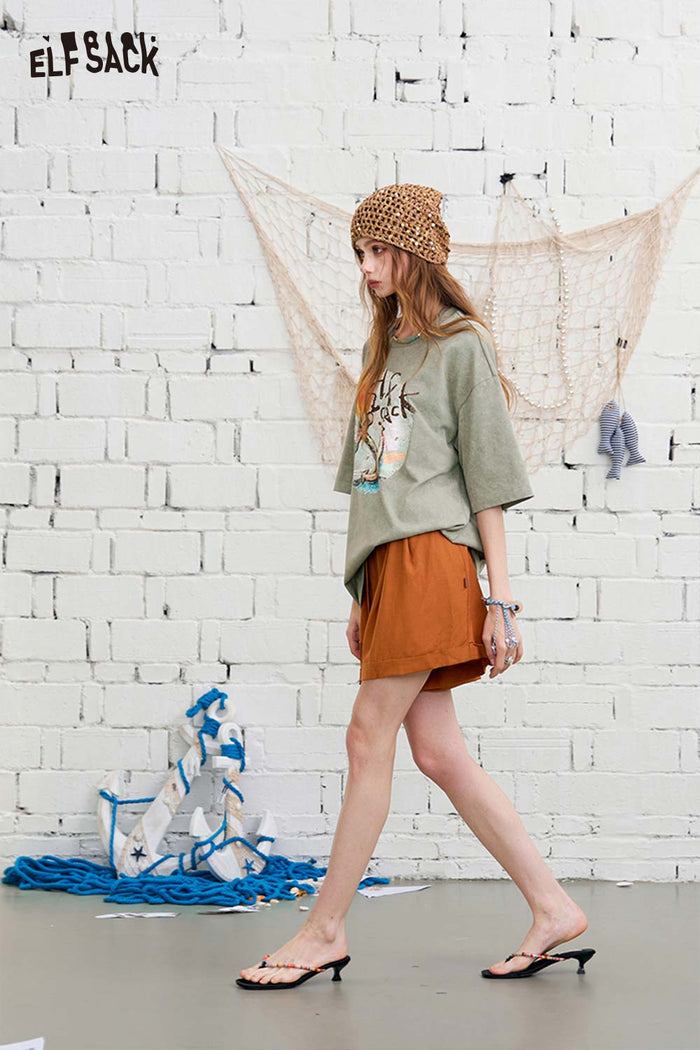 ELFSACK Anchor Print Washed Effect Oversized T-Shirt