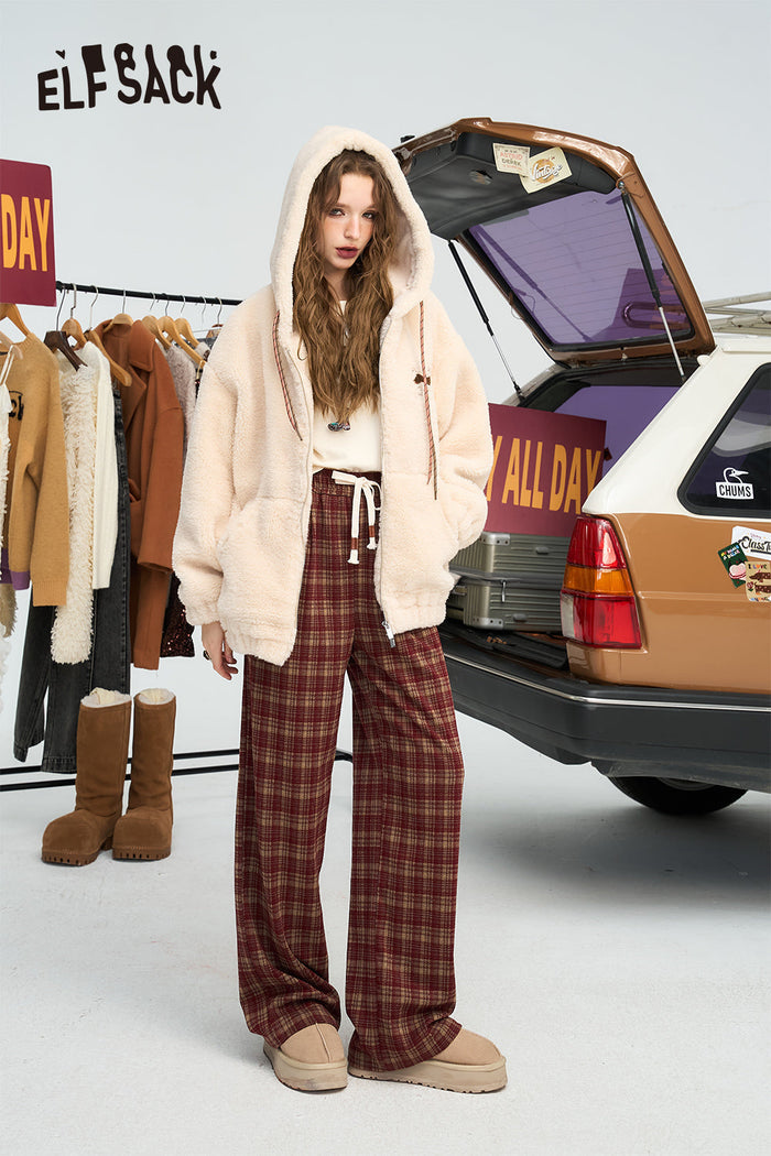 ELFSACK Angela Red Retro Loose Plaid Pants