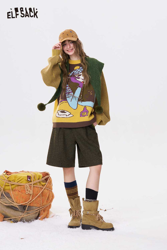 ELFSACK Artistic Graphic Stripe Long Sleeve Sweater