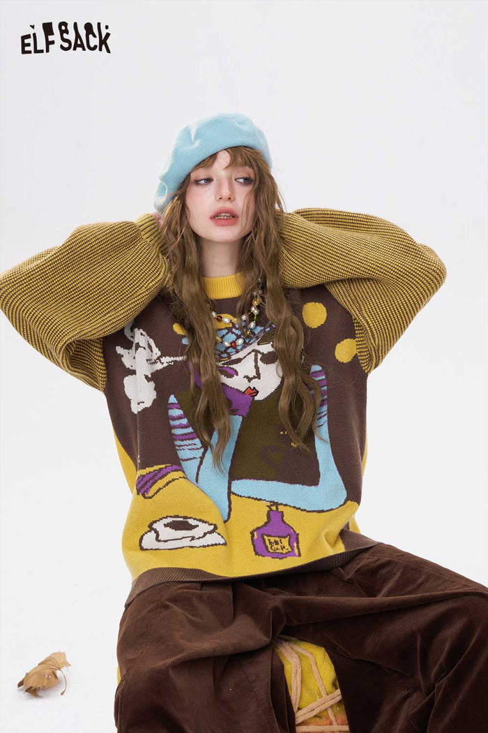 ELFSACK Artistic Graphic Stripe Long Sleeve Sweater