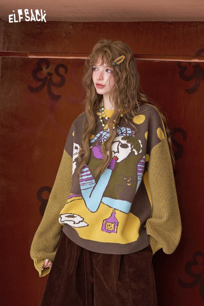 ELFSACK Artistic Graphic Stripe Long Sleeve Sweater