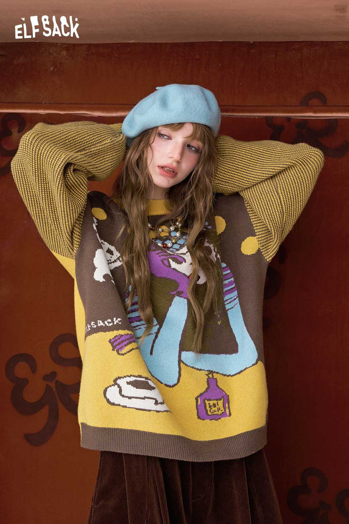 ELFSACK Artistic Graphic Stripe Long Sleeve Sweater