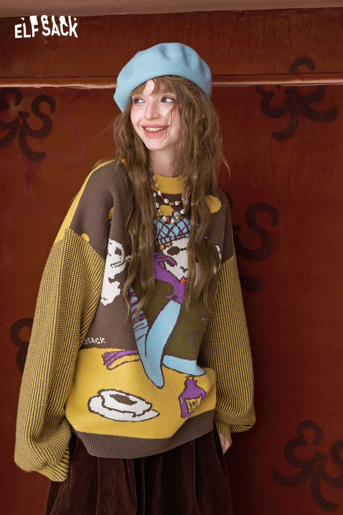 ELFSACK Artistic Graphic Stripe Long Sleeve Sweater