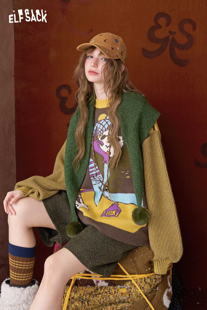 ELFSACK Artistic Graphic Stripe Long Sleeve Sweater