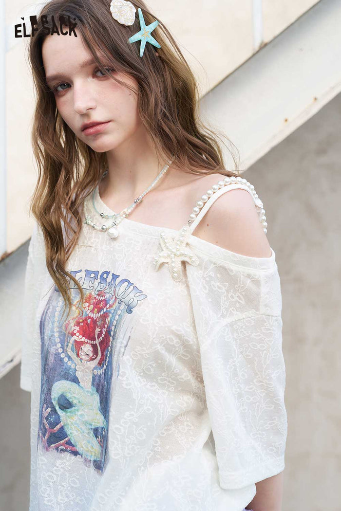 ELFSACK Asymmetric Mermaid Print Pearl Strap Tee