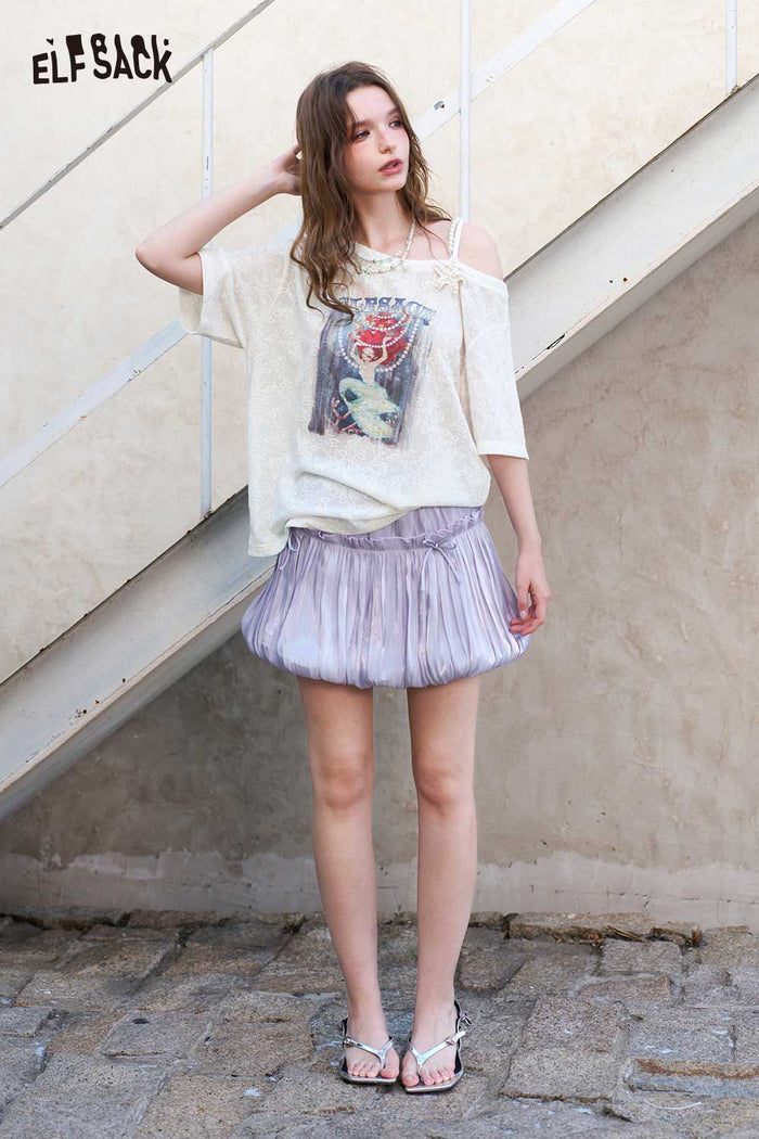 ELFSACK Asymmetric Mermaid Print Pearl Strap Tee