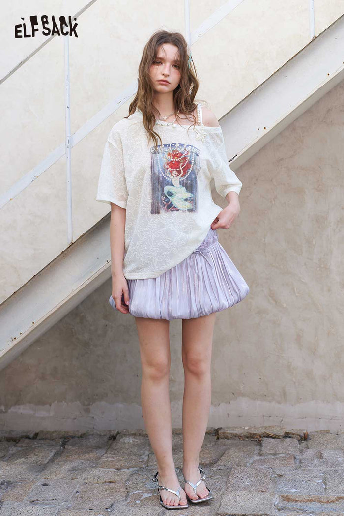 ELFSACK Asymmetric Mermaid Print Pearl Strap Tee