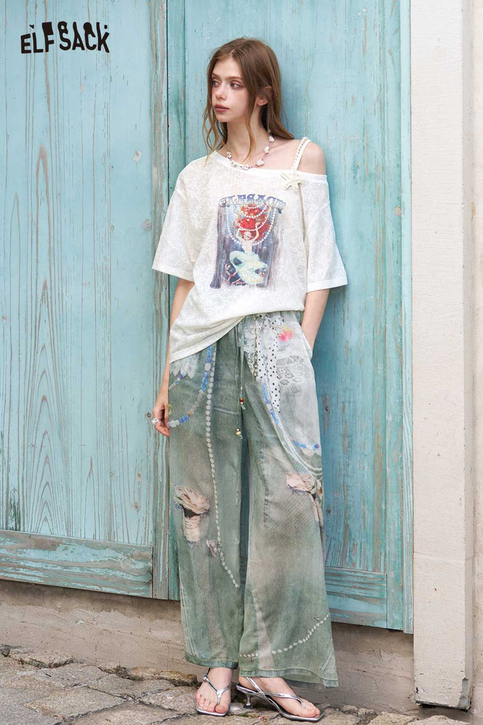 ELFSACK Asymmetric Mermaid Print Pearl Strap Tee