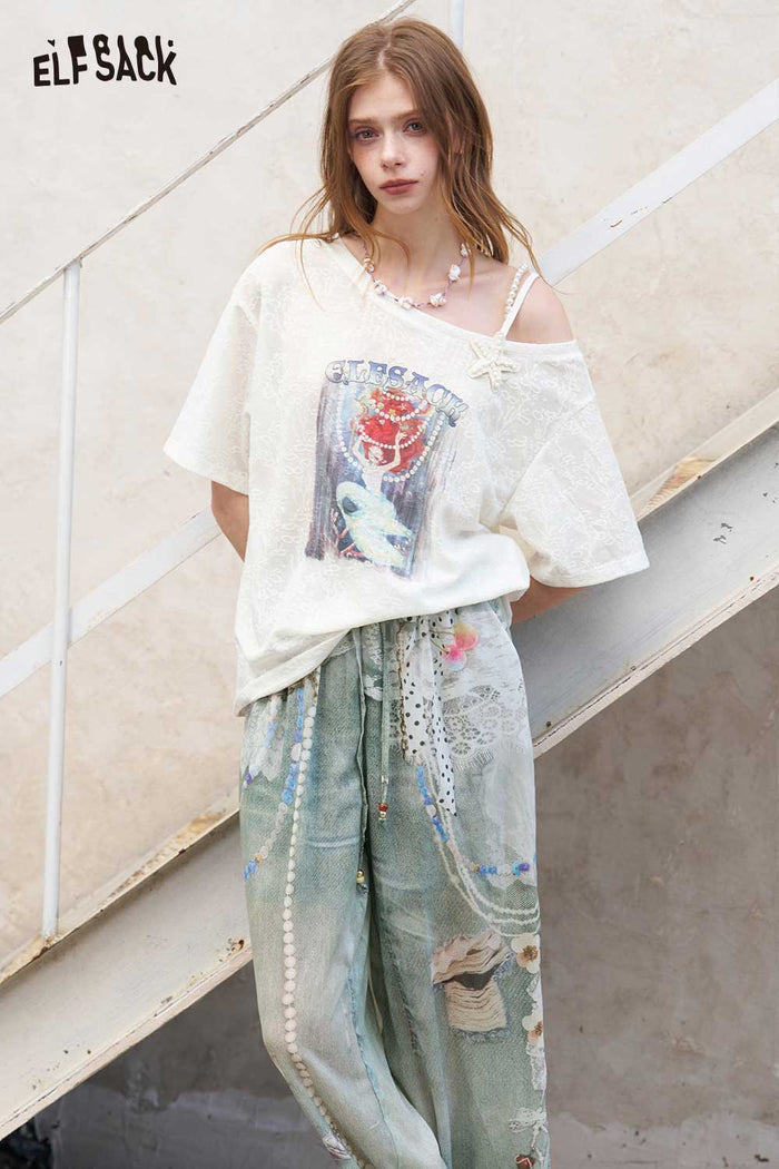 ELFSACK Asymmetric Mermaid Print Pearl Strap Tee