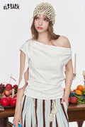 ELFSACK Asymmetric Off Shoulder Draped White Tee