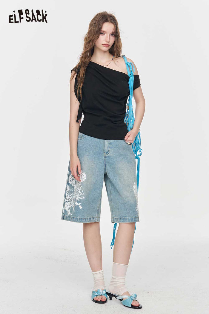 ELFSACK Asymmetric Off Shoulder Draped White Tee