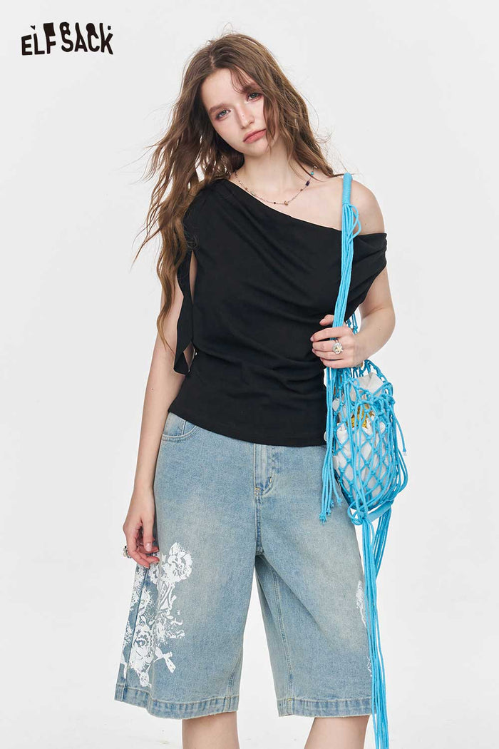 ELFSACK Asymmetric Off Shoulder Draped White Tee