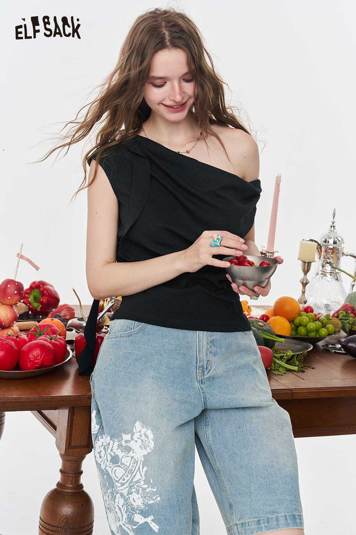 ELFSACK Asymmetric Off Shoulder Draped White Tee