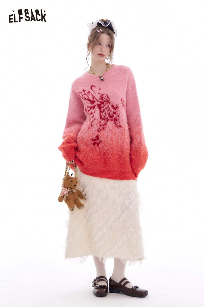 ELFSACK Asymmetric Panel Fringe Skirt Winter Design Slim Maxi Skirt