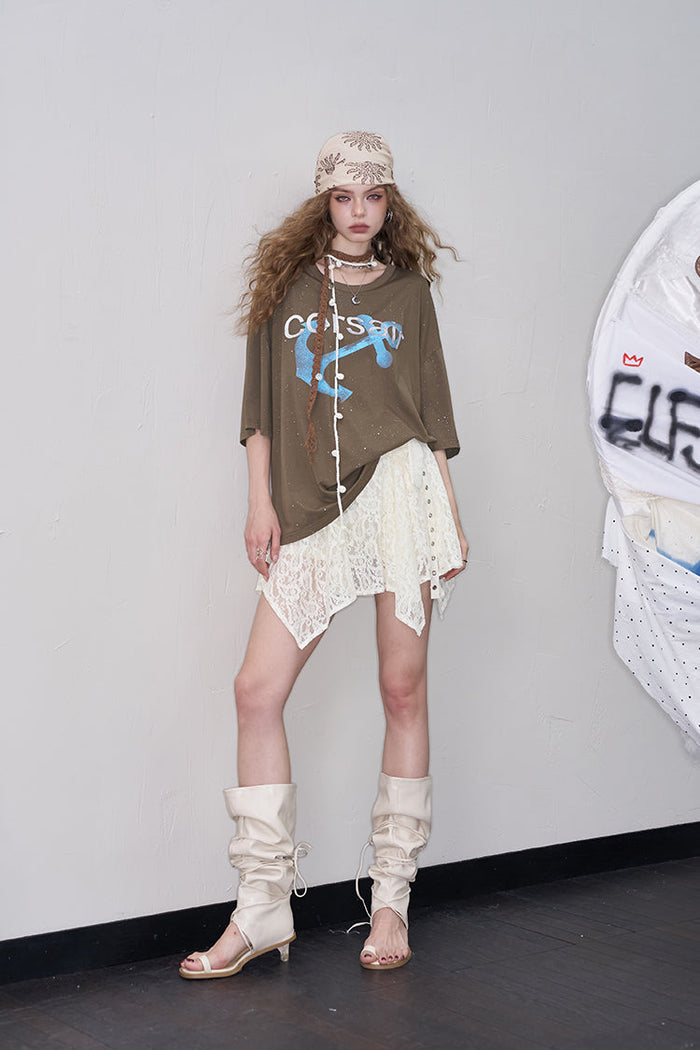 ELFSACK Asymmetrical Lace Mini Skirt
