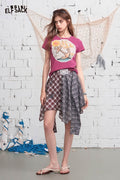 ELFSACK Asymmetrical Plaid Patchwork Midi Skirt